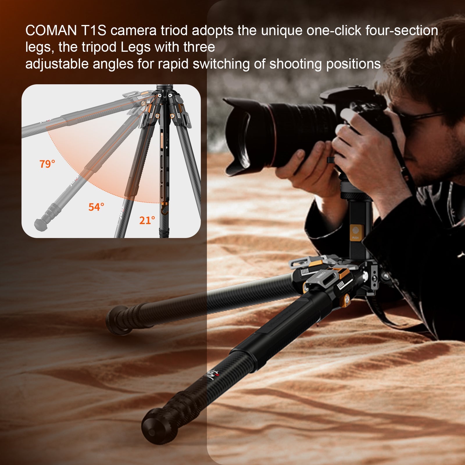 COMAN T1S Carbon Fiber Video Tripod Snap-Open 164.6cm