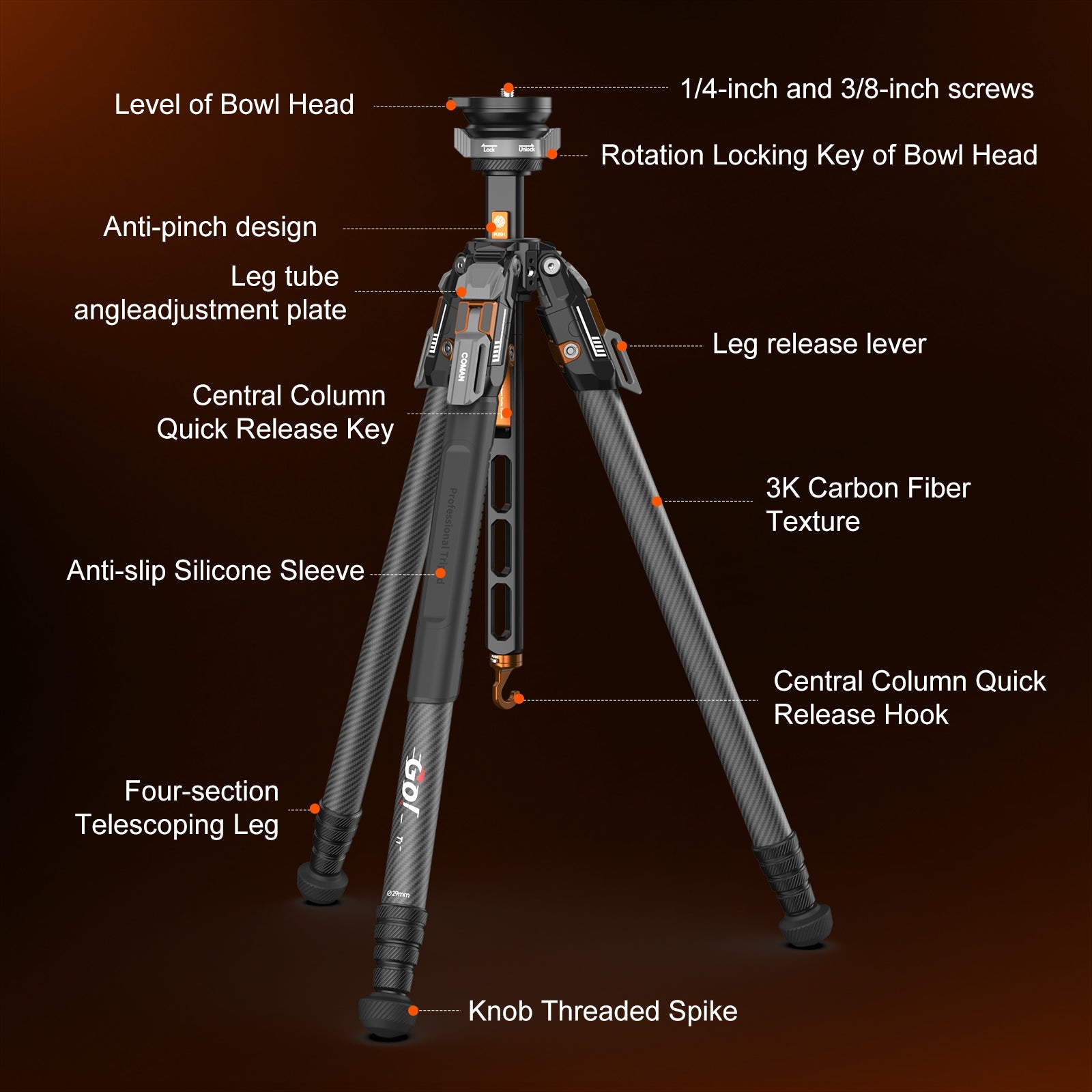 COMAN T1S Carbon Fiber Video Tripod Snap-Open 164.6cm