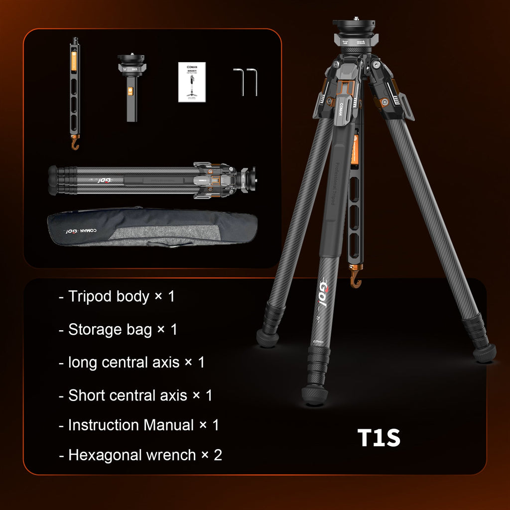 COMAN T1S Carbon Fiber Video Tripod Snap-Open 164.6cm