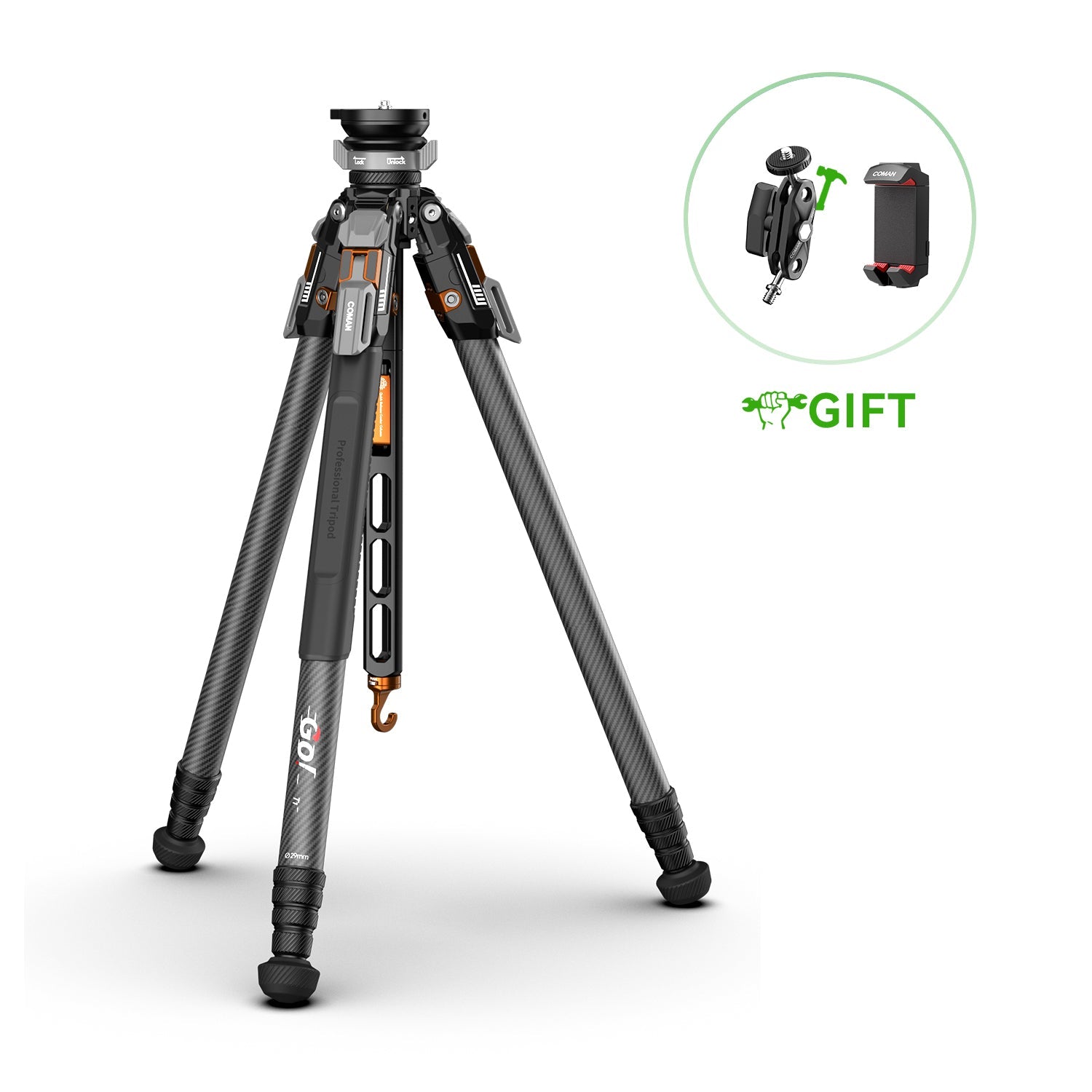 COMAN T1S Carbon Fiber Video Tripod Snap-Open 164.6cm