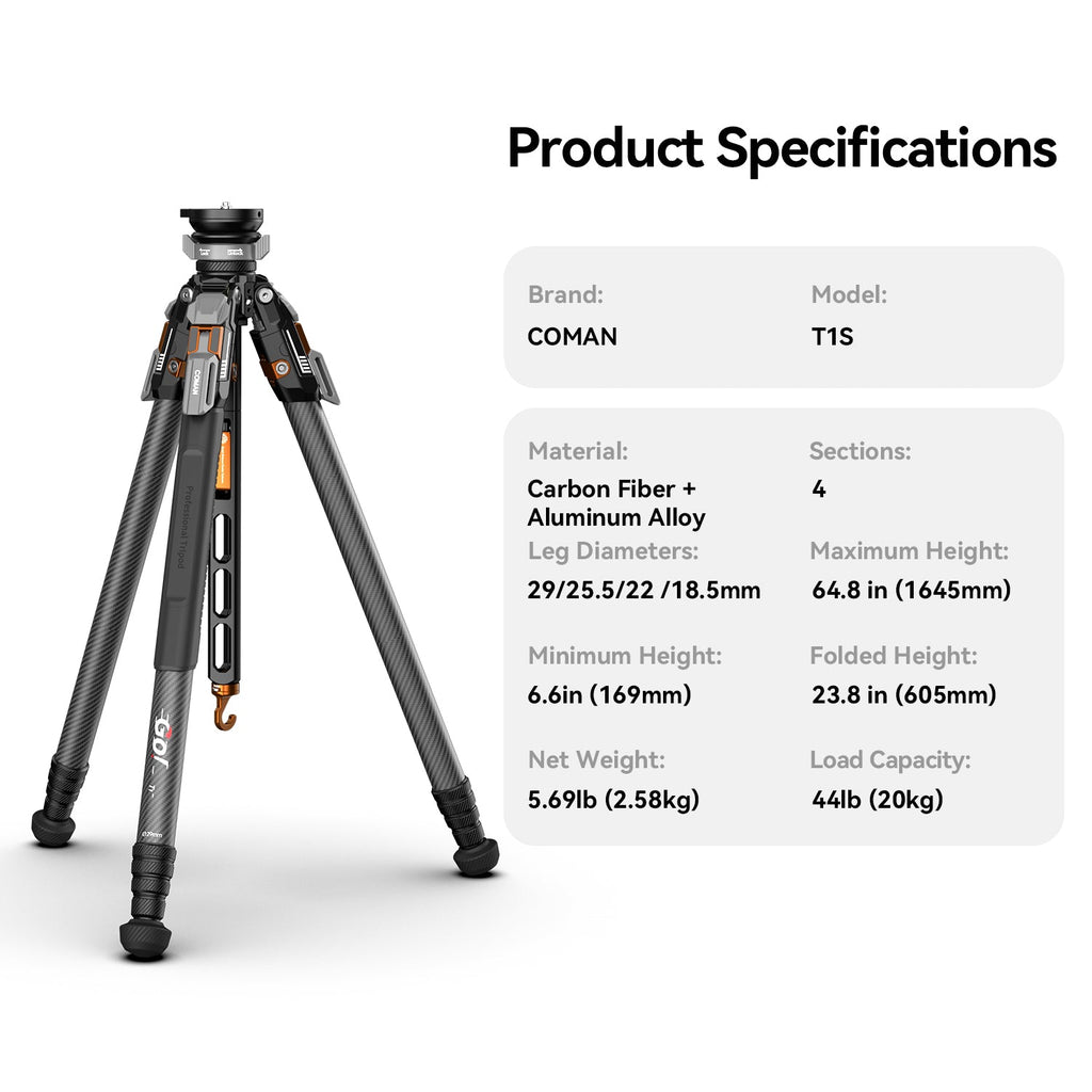 COMAN T1S Carbon Fiber Video Tripod Snap-Open 164.6cm